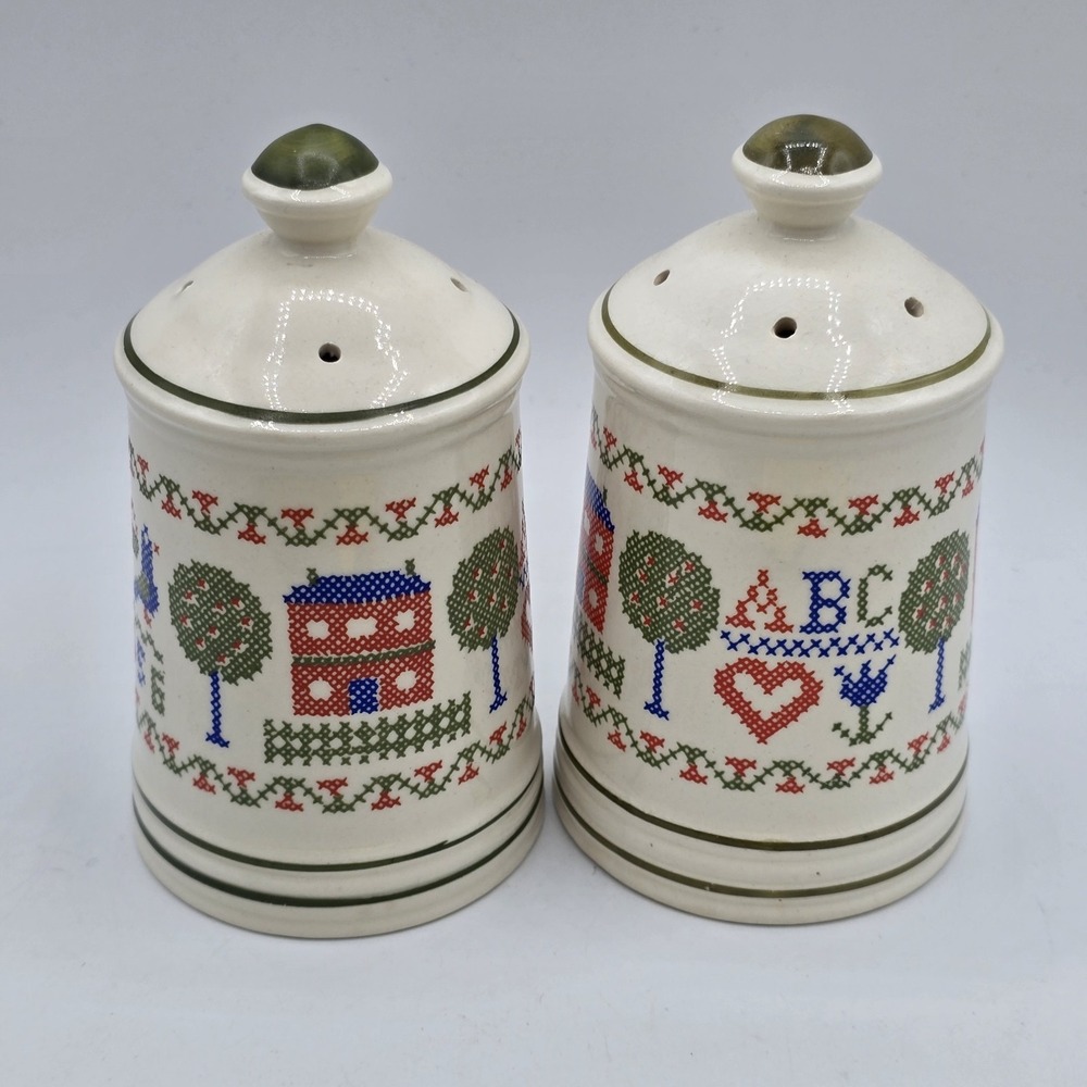 Vintage Cross Stitch Sampler Ceramic Salt and Pepper Shakers Cottagecore ABC 123
